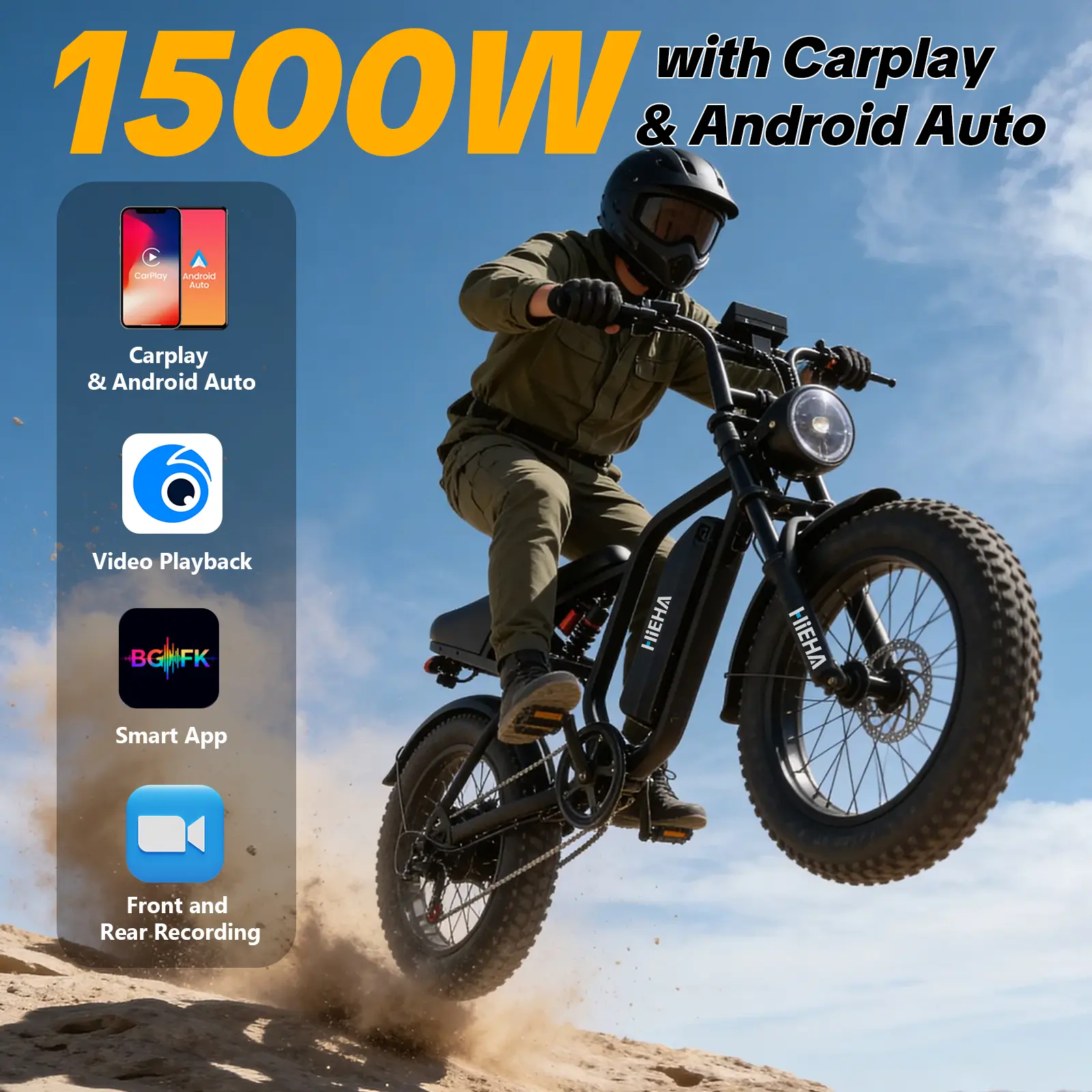 【HiEHA】All Terrain Electric E-Bike with CarPlay & Android Auto, Front & Backup Cameras, Smart App, 1500W Peak Power, 34MPH Max Speed, 40-70 Mi Range, Full Suspension, 20"×4.0" Fat Tires, 48V 15AH Battery, UL2849 Certified,  tiktokshopsummersale