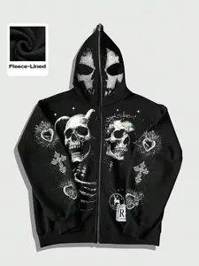 Men's Skull Print Full Zip Hoodie, Y2K Street Style Oversized Skeleton Pattern Jacket, Fleece Lined Warm Sweatshirt