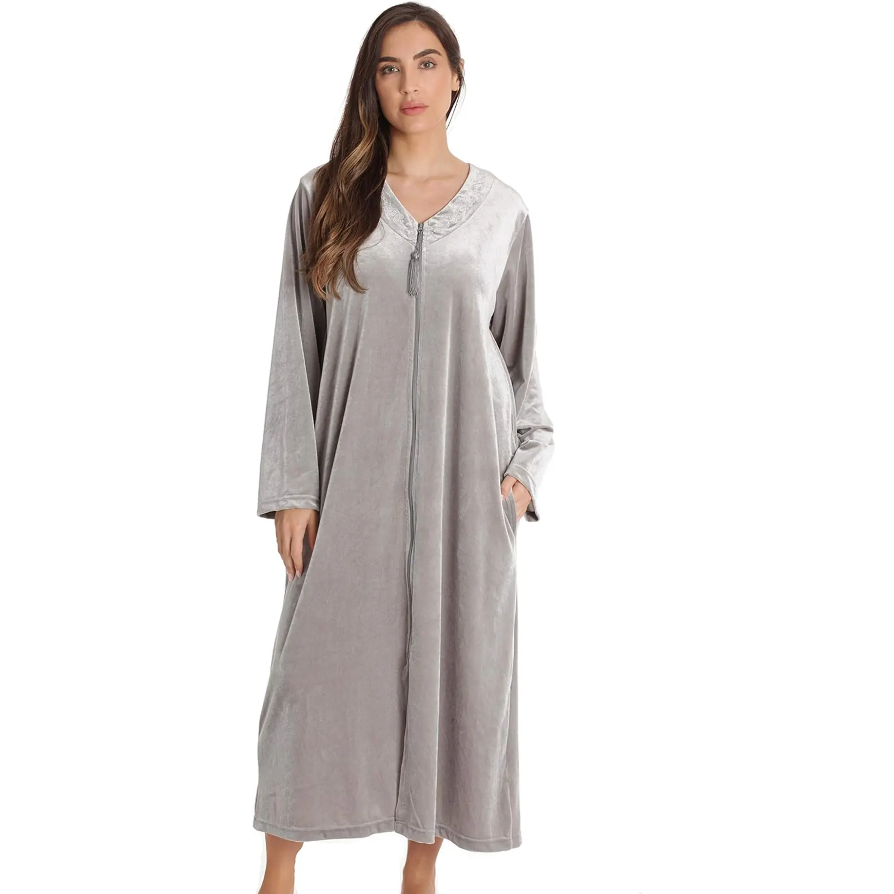 Just Love Stretch Velour Embroidered Zipper Lounger Robe for Women with Pockets Just Love