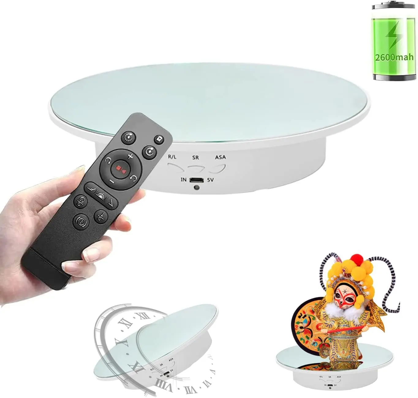 360 Degree Rotating Display Stand - Remote Control, Battery/USB Power Supply, 7.8-Inch Load Capacity, White Color, Ideal for Photography and Shows Camera Digital Rechargeable Plug Smartphone Electric Adjustable