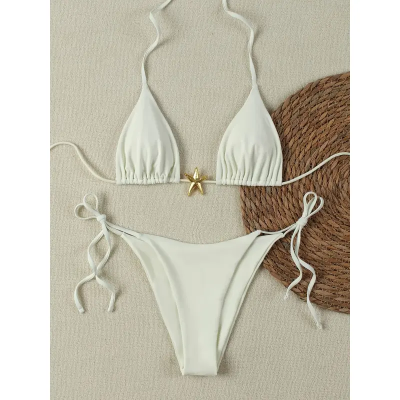 New women's two-piece bikini set, sexy off-white deep V-neck halter neck with tie straps, high-waisted triangle bottoms, beachwear, hot spring swimsuit