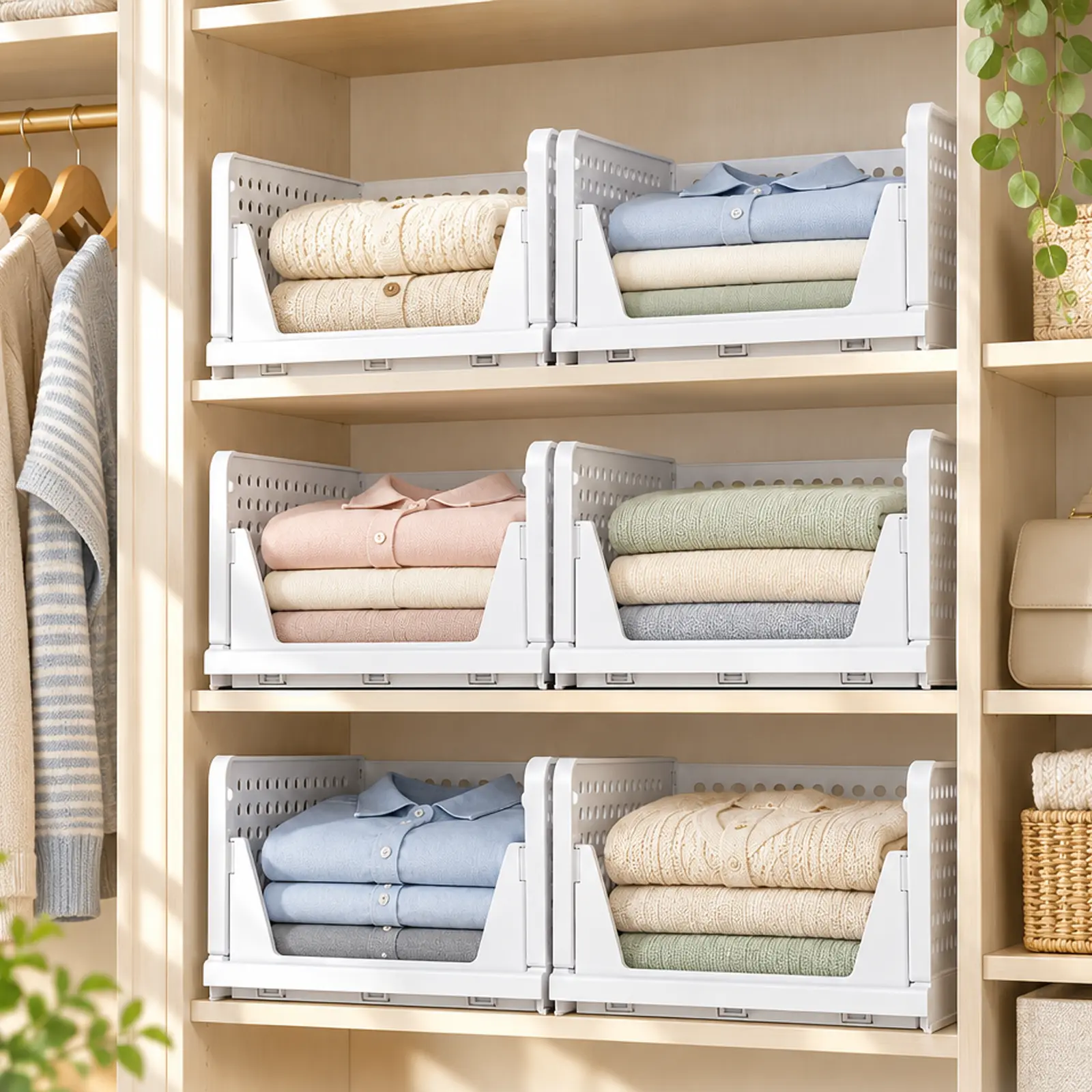 7CODE 10-Pack Foldable Plastic Storage Bins – Stackable Closet Organizer Baskets for Drawers, Shelves, Kitchen Pantry, Bathroom & Laundry; Collapsible Space-Saving Basket Storage Solution for Clothes, Toys & Small Items