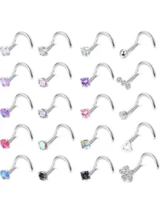 20 Pcs 20G Nose Rings Surgical Stainless Steel Nose Stud Set Diamond Opal CZ Nostril Piercing Jewelry for Women Men Screw/Straight/L Shaped Nose Studs Multicolor Nose Piercings Kit