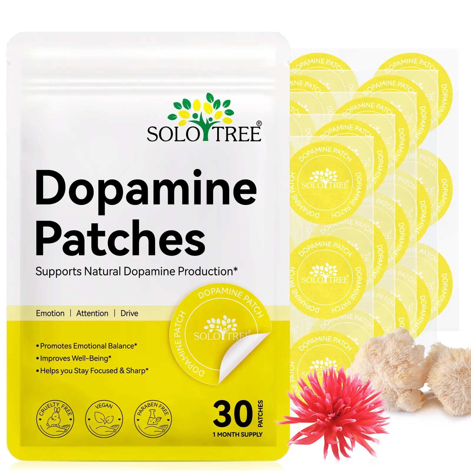 Solotree Extra Strength Dopamine Patches, Natural Plant-Based Vegan Dietary Supplement, Daily Mood & Mental Wellness Support, Positivity & Motivation Formula, Dopamine & Serotonin Balance, Focus Boost for Men & Women summervibes