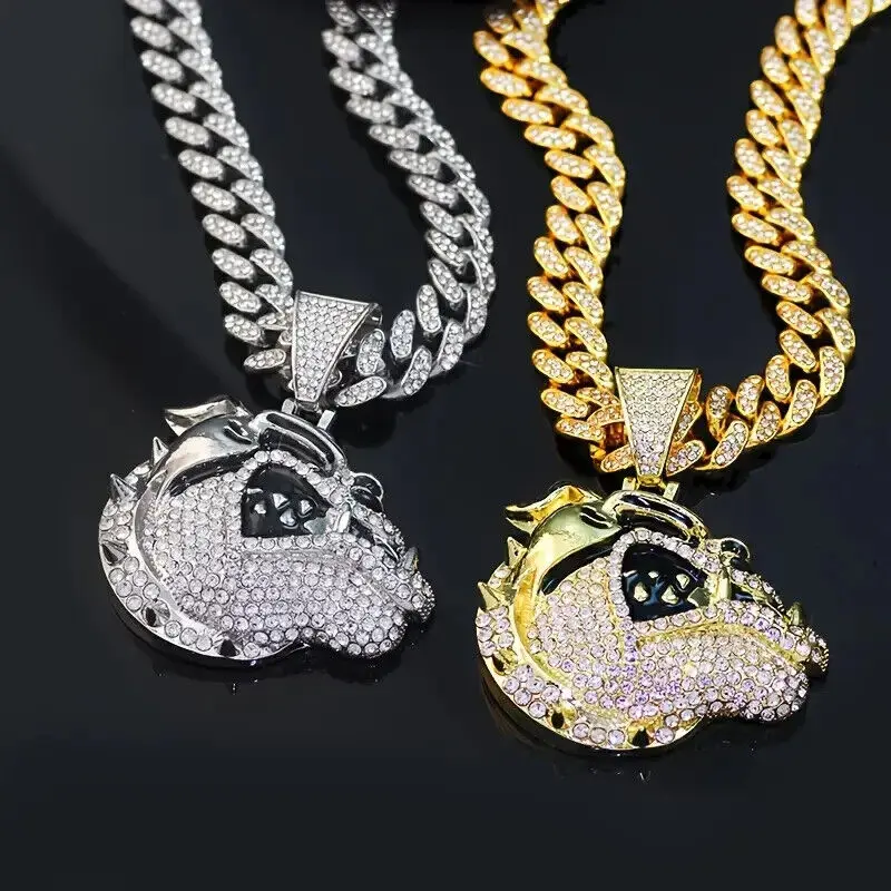 MaxBling81 Men's Very Thick Piece Iced Cubic Zirconia Bulldog Head Large Pendant - 13mm Gold Cuban Link Chain Set (18"-24"), Trendy Hot and Popular Hip Hop Costume Jewelry Gift, Fashion Cool Accessories
