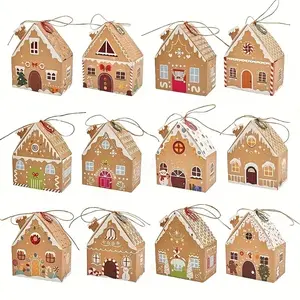 24pcs Gingerbread House-Shaped Gift Boxes with Twine, Kraft Paper Miniature Doors, Reindeer Snowman Cutouts, DIY Christmas Treat Boxes