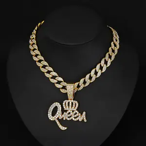 Hip Hop Stainless Steel Crown & Queen Letter Necklace | Iced Out Full CZ Pendant, Adjustable Hypoallergenic Bling Jewelry Gift for Women