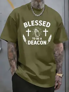 Men's T-shirt with printed cross and feather patterns for prayer, featuring the text "BLESSED TO BE A DEACON", designed for daily wear in church and religious activities