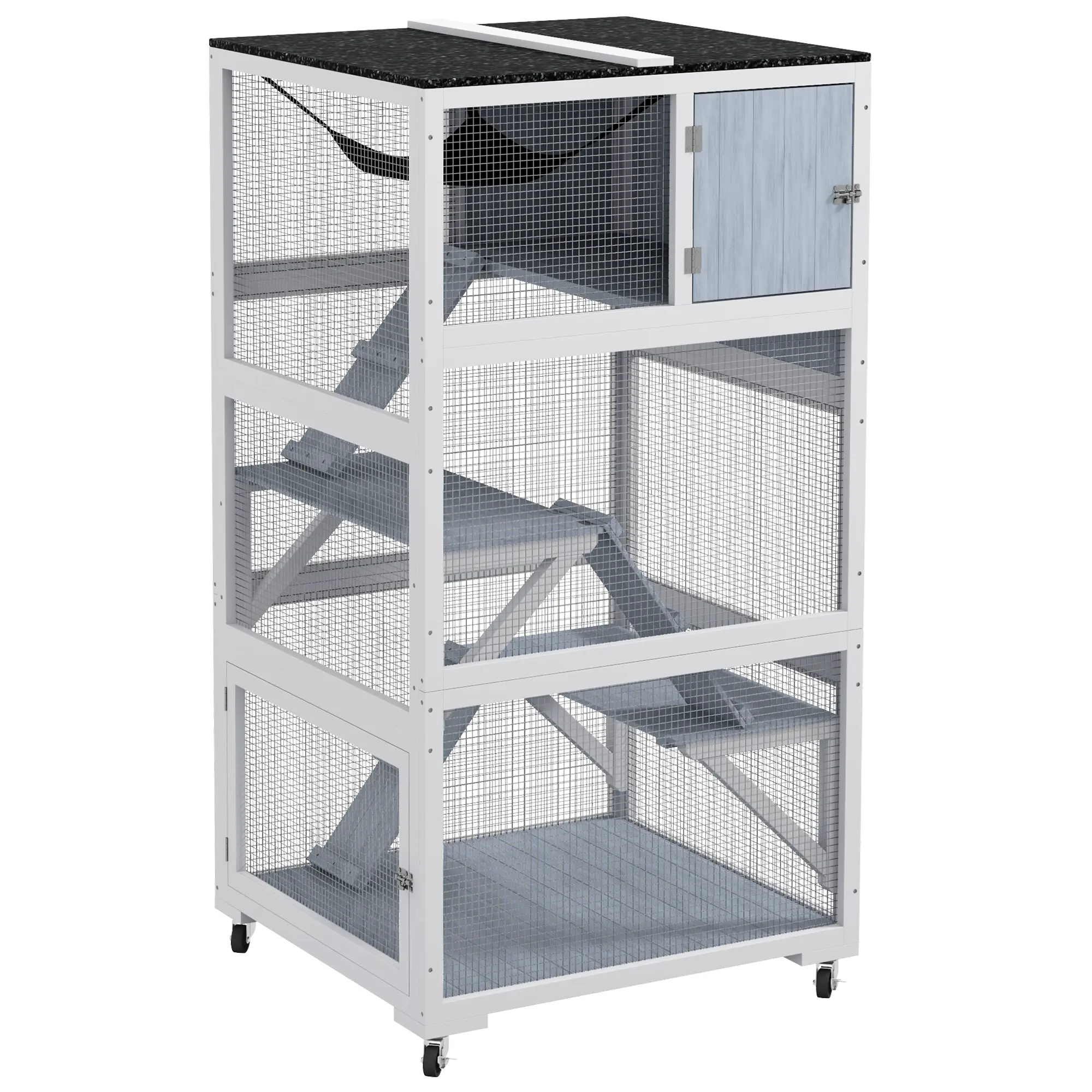 PawHut Catio, Outdoor Cat Enclosure House, Wooden Feral Cat Shelter on Wheels, Cat Cage with Hammock, Platforms Ramps, and Weather Protection Asphalt Roof, 34", Orange