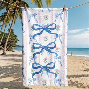 A Fresh Blue Bow & Floral Flower All-over Printed Beach Towel, Soft Absorbent Towel, Oversized, Skin-friendly, Quick-drying, Perfect for Beach, Pool, Summer Trips and Outdoor Picnics