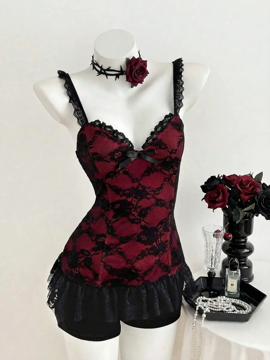 MOON Women's Elegant Lace Trim Bow Camisole Goth Gothic Burgundy