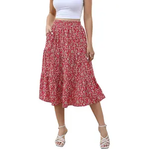 Women's Floral Midi Skirt with Pockets High Elastic Waist Flowy Ruffle Casual Summer Boho Aline Skirts