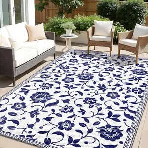 Outdoor Rug, Velvet Chenille Top with Silicone Non-Slip Backing, Navy & White Floral Pattern Waterproof Area Rug for Patio RV Camping Balcony Deck Backyard
