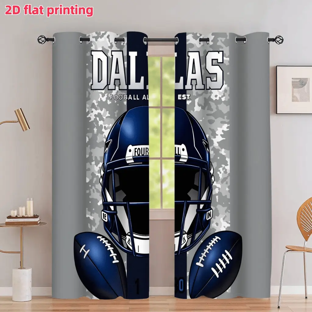 2D Flat 2Pcs Dallas Football Helmet Print Dark Blue and Silver Grey Camouflage Curtains, Polyester Curtain, Sport Theme Room Decor, Grommet Top Semi Sunshade Window Drapes, for Living Bedroom Study, Window Shade Cover