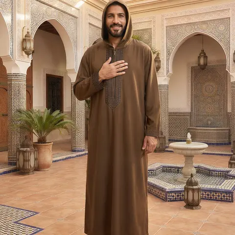 Men’s Moroccan Hooded Thobe, Traditional Djellaba with Embroidery & Side Pockets, Long Sleeve Muslim Robe for Daily & Special Occasions