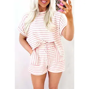 Women’s Striped Knit Lounge Set Soft Breathable Short Sleeve Top & Drawstring Shorts Casual Summer Outfit for Home Travel Vacation Trendy Comfy Set for Women