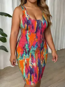 Deep V-Neck Color Gradient Tie-Dye Sexy Slim Fit Mid-Length Long Sleeve Dress, Stylish Women's Fashion Clothing for Casual Wear, Womenswear