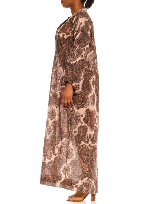 1970S GLORIA VANDERBIL Cream & Olive Green Paisley Poly Blend Boho Shirt Dress With Belt