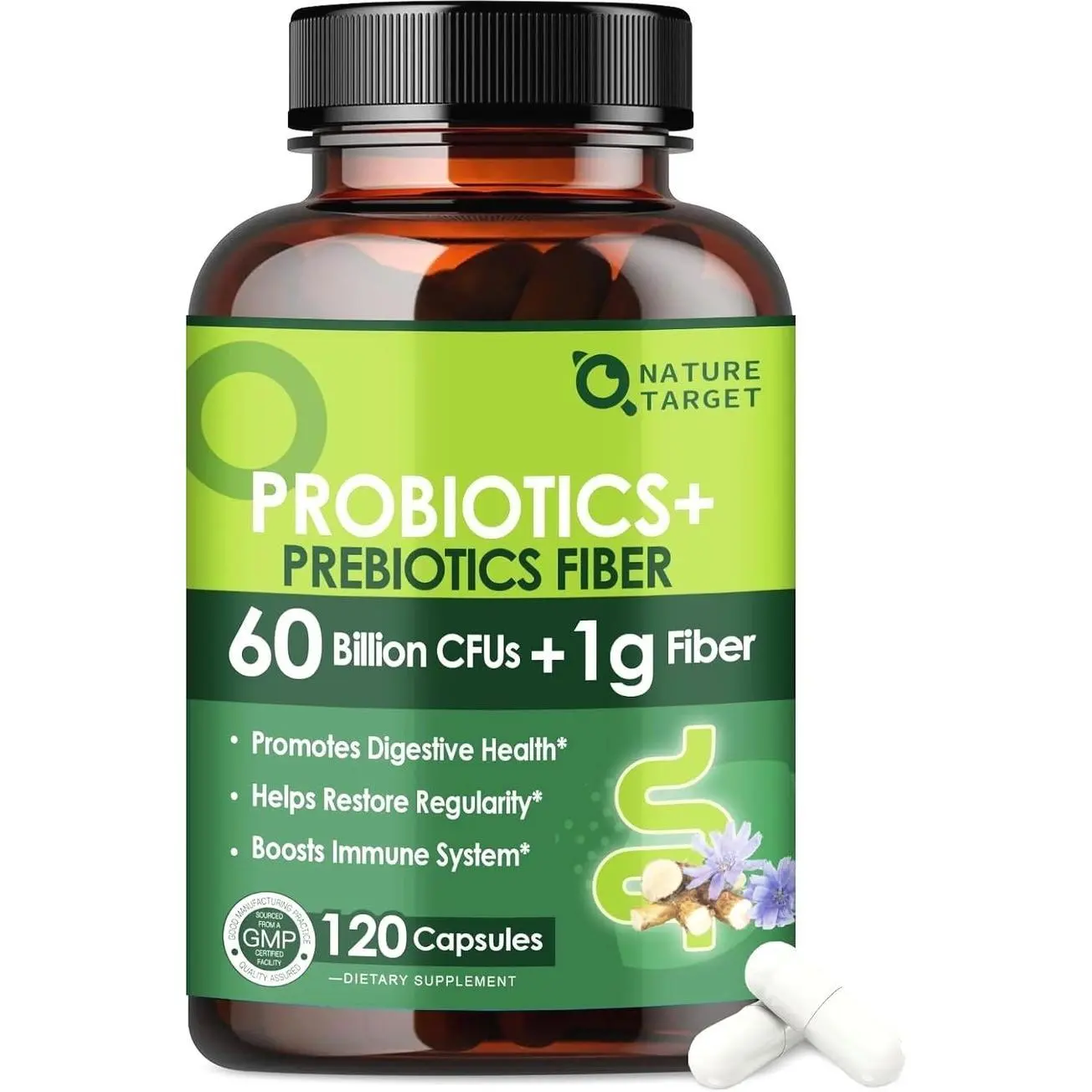 NATURE TARGET Prebiotic Fiber Supplement with 60 Billion Probiotics for Digestive Health - Prebiotics and Probiotics for Women & Men Regularity, Supports Occasional Constipation - 120 Veggie Capsules