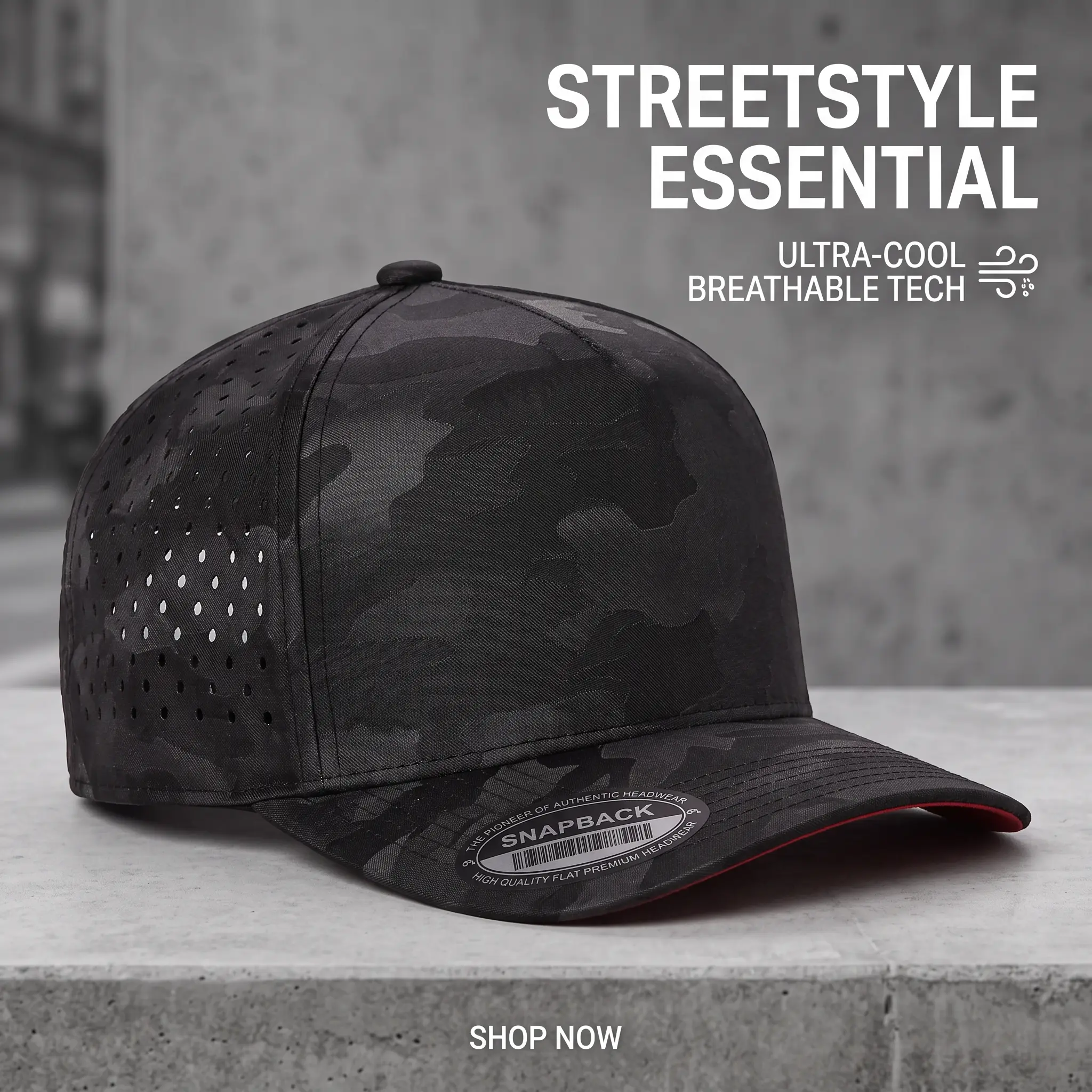 Unisex Adults' Camouflage Perforated Snapback Hat - Breathable Flat Brim Baseball Cap, Adjustable Universal Size for Casual, Outdoor Wear