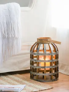 Rustic Wooden-Iron Cage Lantern, Farmhouse Iron Candle Holder for Home Decor, Wedding Decor