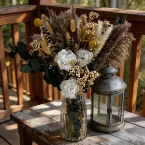 Preserved Dried Flower Bouquet with Vase, Pampas Grass, White Roses, Farmhouse Decor