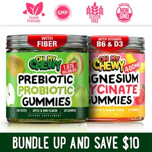 OH MY CHEWY Magnesium Glycinate + Prebiotic, Probiotic and Fiber Gummies Bundle – 2 Bottles (60 Each) – Strawberry Banana & Apple Kiwi Healthy Snacks outdoorfun
