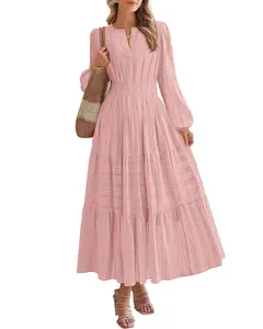 BTFBM Fall Dresses for Women 2026 Casual Long Sleeve V Neck Elastic Waist Lightweight Maxi Wedding Guest Dress Pockets