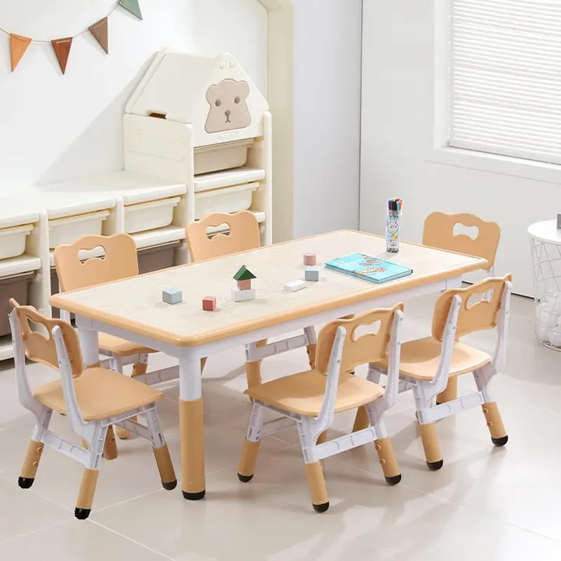 Kids Table and 6/4  Chairs Set, Height Adjustable Toddler Table and 6 Chair Set for Ages 2-10 for for Crafts and Study, Graffiti Desktop, Non-Slip Legs, Children Activity Table for Daycare, Classroom