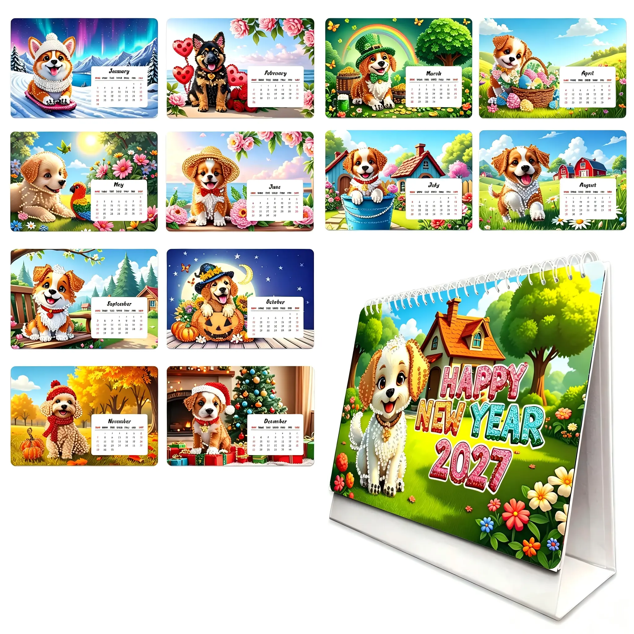 2027 Diamond Painting Desk Calendar, Cute Pet & Floral Patterns, 12 Exclusive Jan-Dec Illustrations, Blank Date Area, High-Gloss Special-Shaped Rhinestone Art Ornament, Dual-Use Christmas Gift (Toys & Hobbies DIY Needlework, Unique Desktop Decoration), 12
