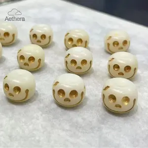 10Pcs Natural Bodhi Root Smiley Skull Beads, Gold Plated Skeleton Spacer Beads for Jewelry Making, DIY Bracelet Necklace Craft Supplies, Wristlet Mala Beads for Prayer Beads