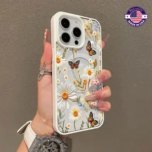 Butterfly Daisy Pattern Magnetic Phone Case Supports Wireless Charging for iPhone 15 16 14 Pro Max 13 12 11 Plus Shockproof Non Slip Protection Silicone Transparent Acrylic Cover Cellphone Protective Protector Casing Smartphone