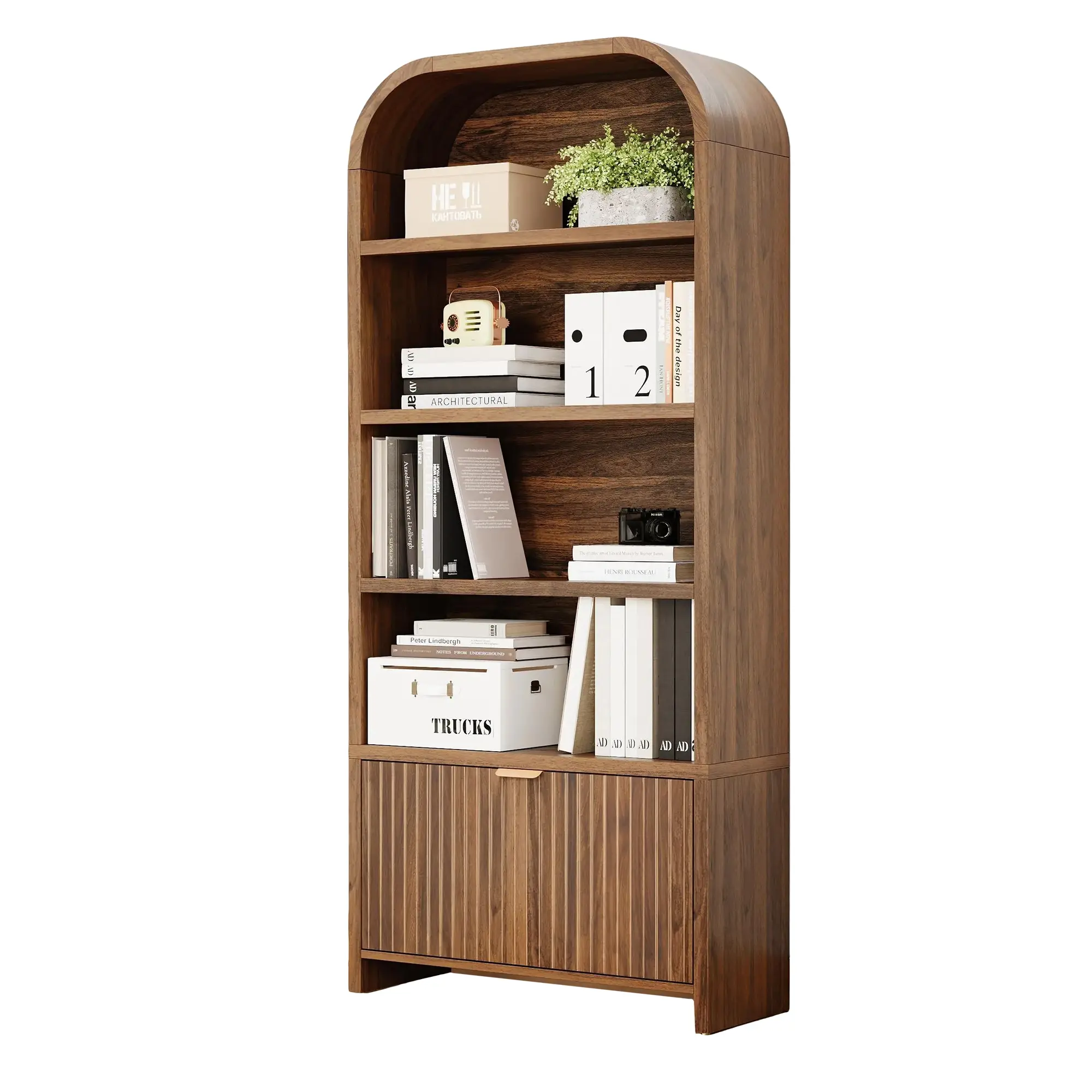 Giratree 70" Tall 5-Tier Bookshelf Arched Bookcase with Drawer, with Fluted Carved Drawer, Freestanding Display Storage Cabinet for Living Room Bedroom Home Office