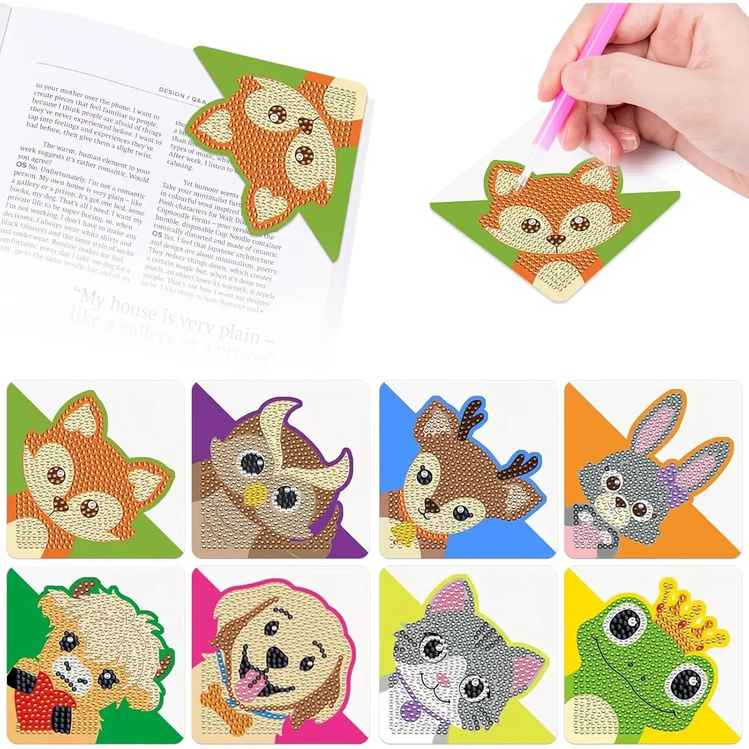 8-Count Rhinestone Corner Bookmarks, Triangle Embroidery Painting Art Bookmarks for Book Lovers, Book Lover Accessories (Office Stationery)