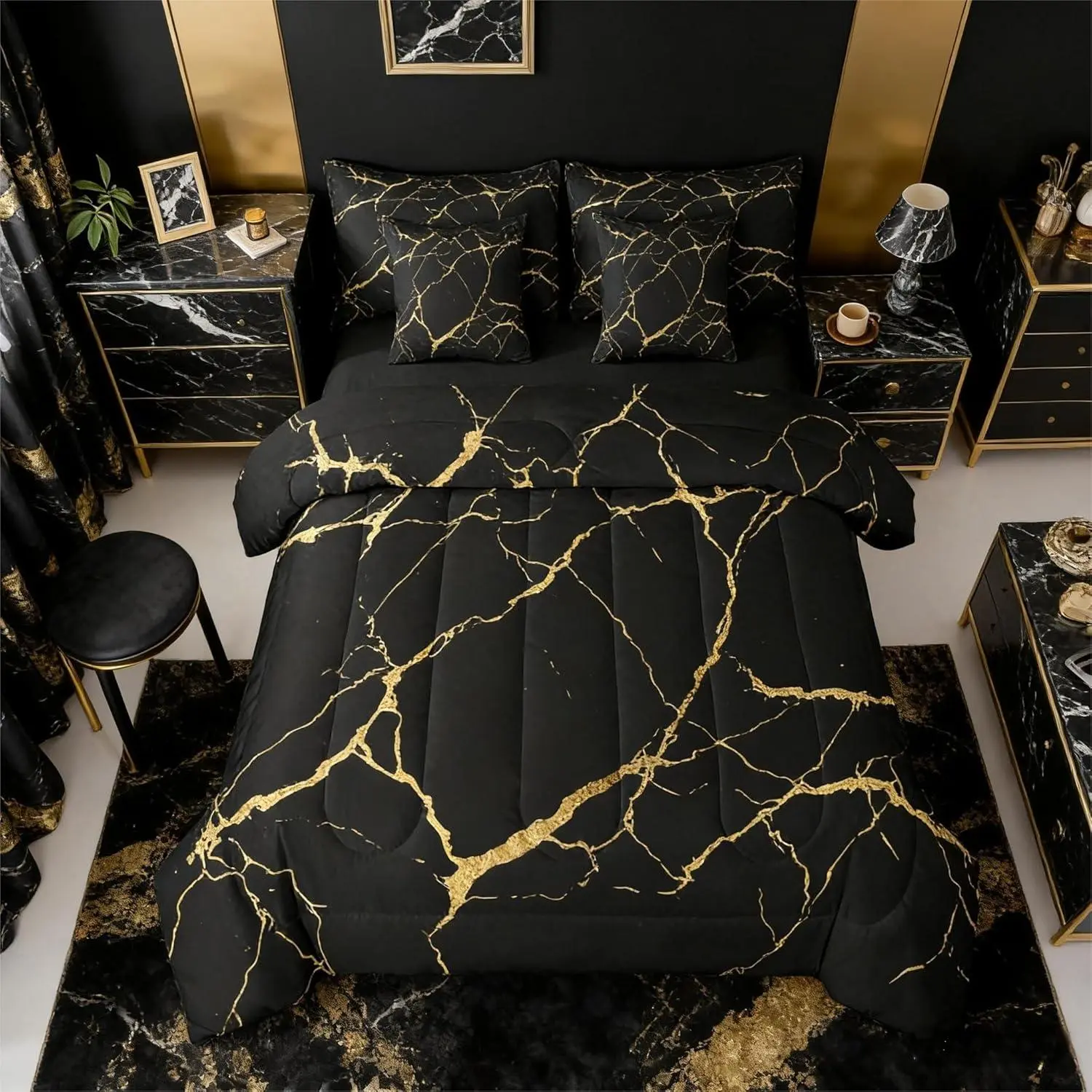 Stone Pattern 7 Piece Bedding Set,Simplicity Comforter Set with Sheets Abstract Ink Painting Marbling Bed in a Bag Modern Watercolor Gold Texture for Teens Men Women
