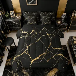 Stone Pattern 7 Piece Bedding Set,Simplicity Comforter Set with Sheets Abstract Ink Painting Marbling Bed in a Bag Modern Watercolor Gold Texture for Teens Men Women