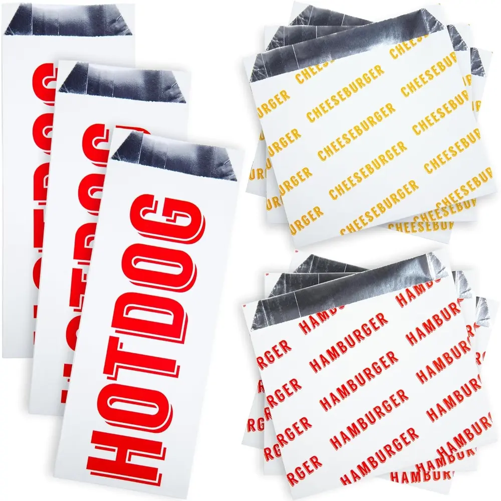Retro Grease-Proof Disposable Cookware Food Wrappers Combo Pack (75 Count) - 25 Each for Hamburger, Cheeseburger, Hot Dog, Sandwich - Sturdy, Heat-Proof, Restaurant-Grade, Allergen-Friendly BBQ Foil Bags for Themed Parties