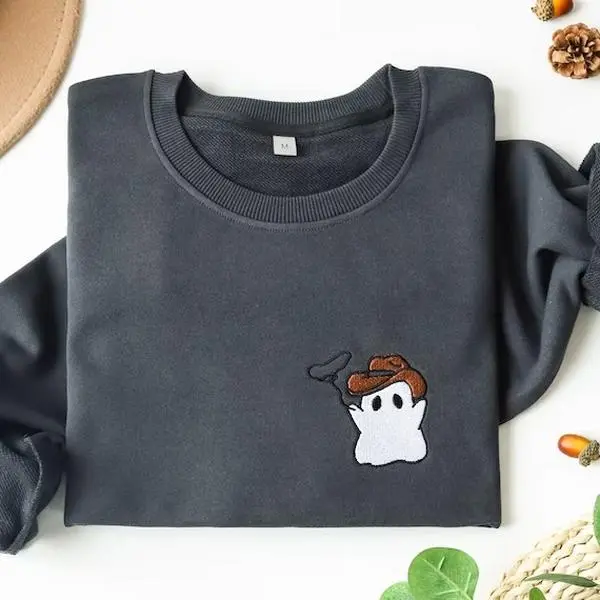 Embroidered Western Ghost Sweatshirt,Cowboy Ghost Sweatshirt,Cute Spooky Sweatshirt,Halloween Sweatshirt