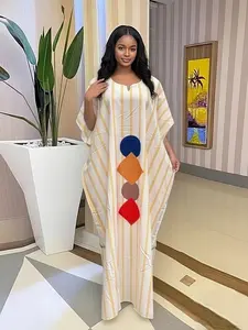 2026 Summer African Style Boubou Kaftan, Classic Stripes & Geometric Print, Loose Batwing Sleeves, Long Dress, Soft Fabric, Perfect for Weddings