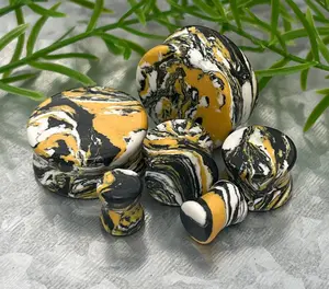 PAIR of Stunning Black, Yellow & White Synthetic Turquoise Double Flare Tunnels/Plugs - Gauges 2g (6mm) thru 1" (25mm)