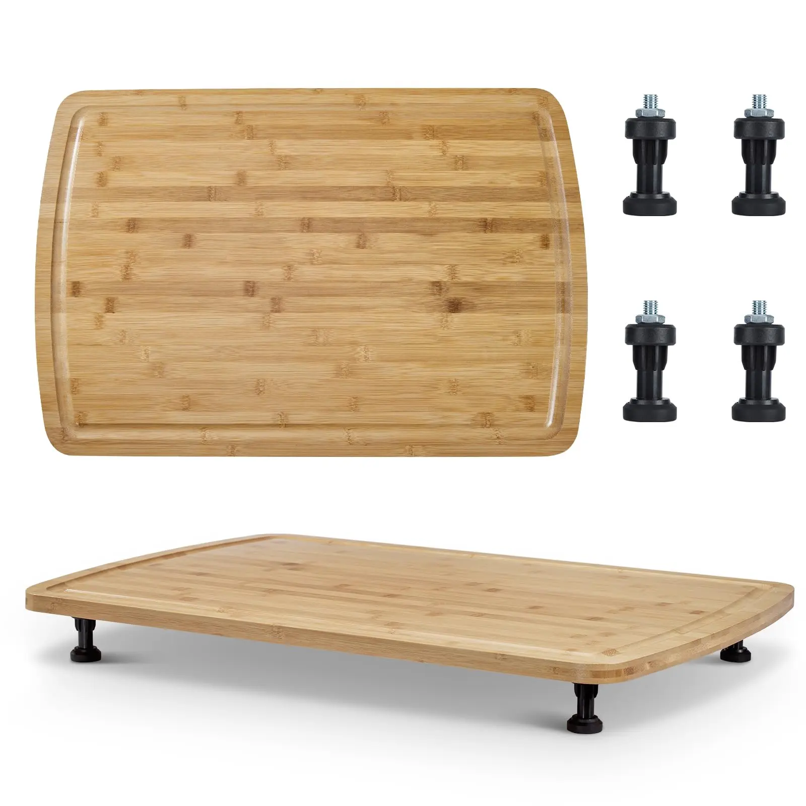 Bamboo Noodle Board Stove Cover 30x20 Inch, Wood Stove Top Cover Cutting Board with Adjustable Legs & Juice Grooves, RV Sink Cover Butcher Block for Small Spaces Apartments