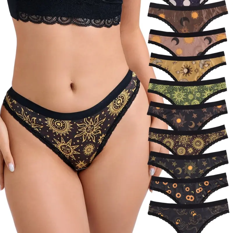 10-Pack Sexy Cute Gothic Contrast Lace Thongs, Allover Print Comfy Silky Intimates, Fitted Women's Underwear & Lingerie, Lace String Panties, Lace Fitted Panty