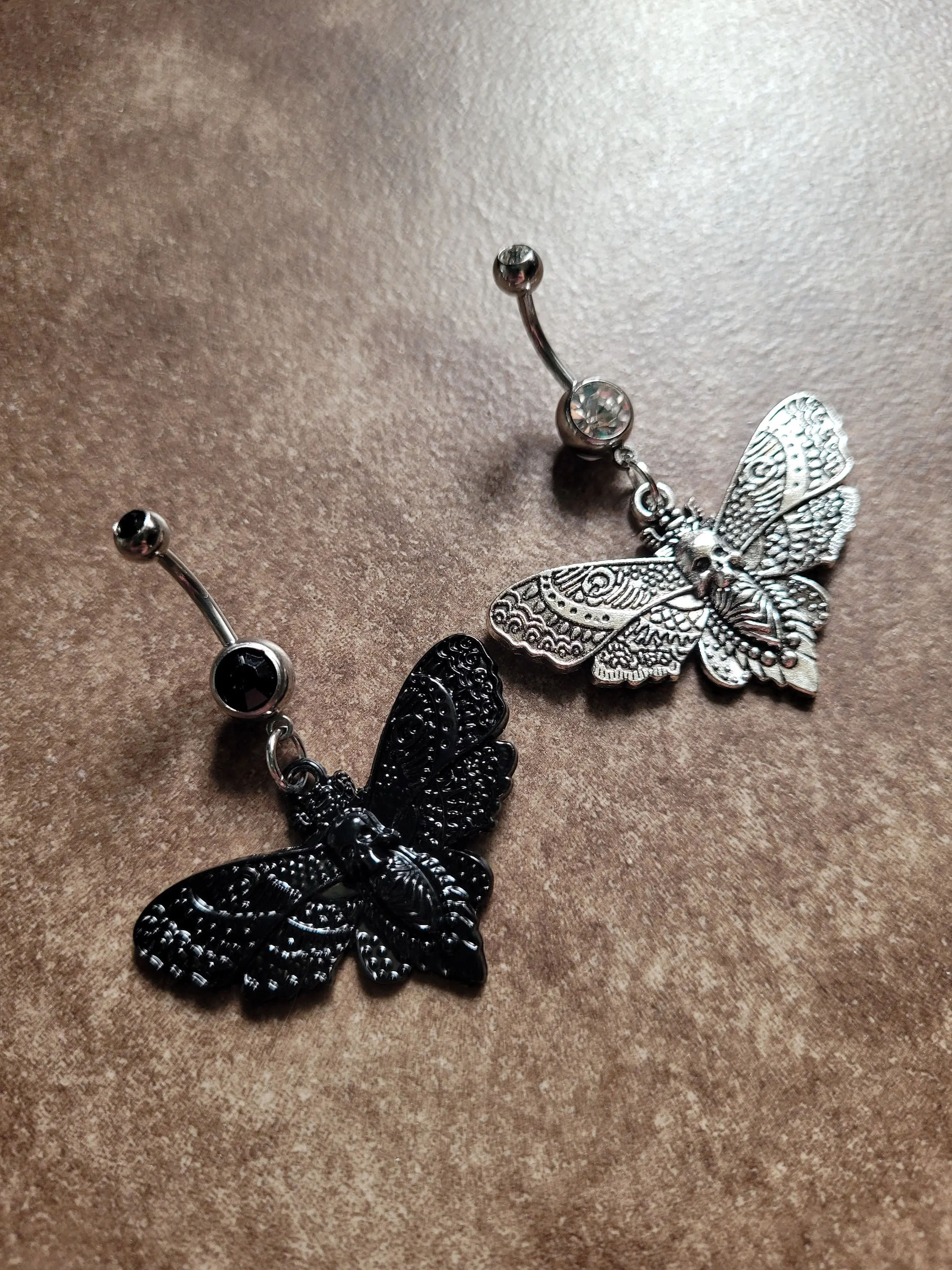 Black Silver Death Moth Belly Ring Witchy Dark Mall Goth Alt Grunge core aesthetic unique big  button piercing body jewelry gothic skull bat