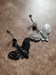 Black Silver Death Moth Belly Ring Witchy Dark Mall Goth Alt Grunge core aesthetic unique big  button piercing body jewelry gothic skull bat