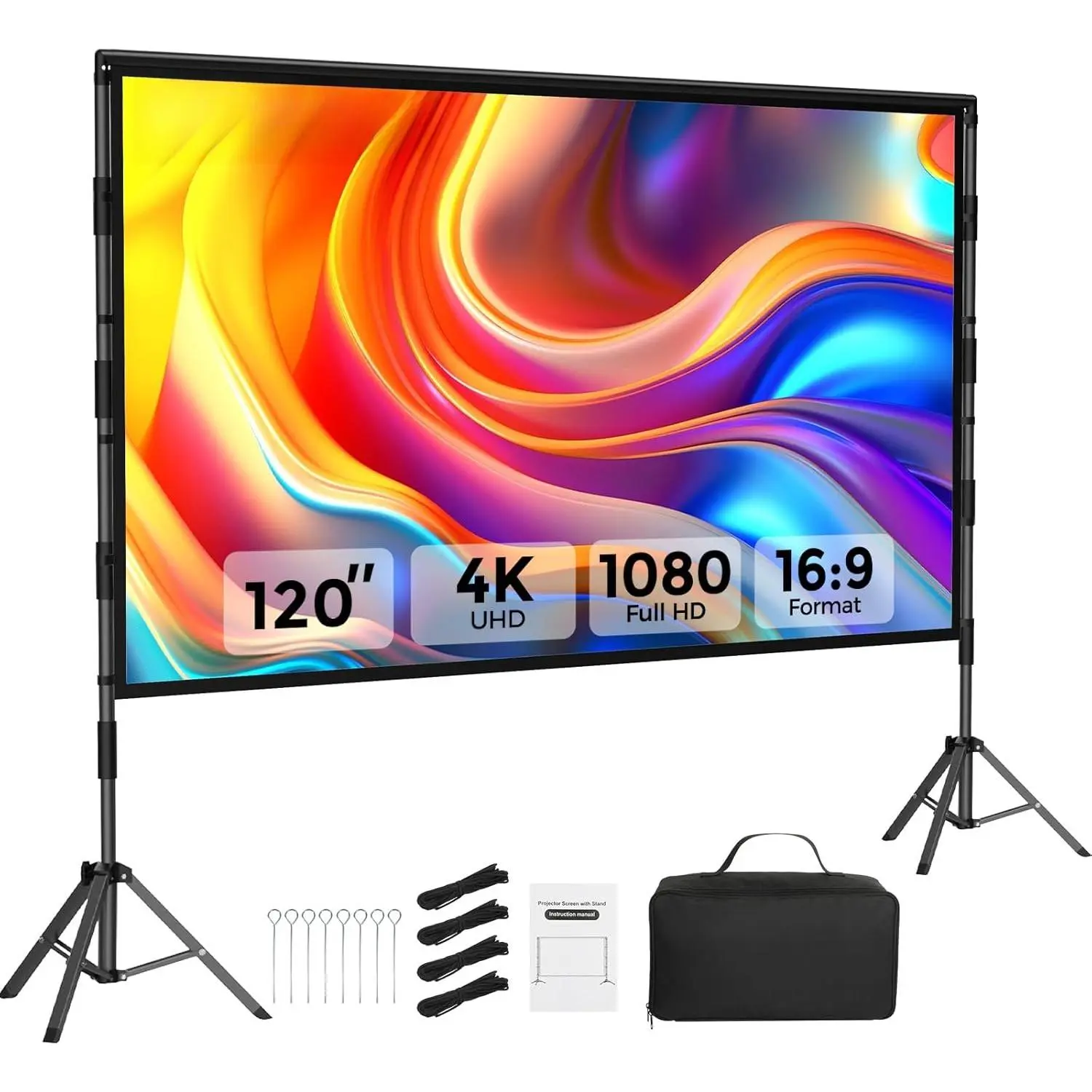 Outdoor Projector Screen with Stand:  120 inch Portable Projector Screen Indoor - Upgraded Movie Screen 16:9 4K  - Wrinkle-Free Lightweight Projection Screen with Carry Bag for Backyard Night