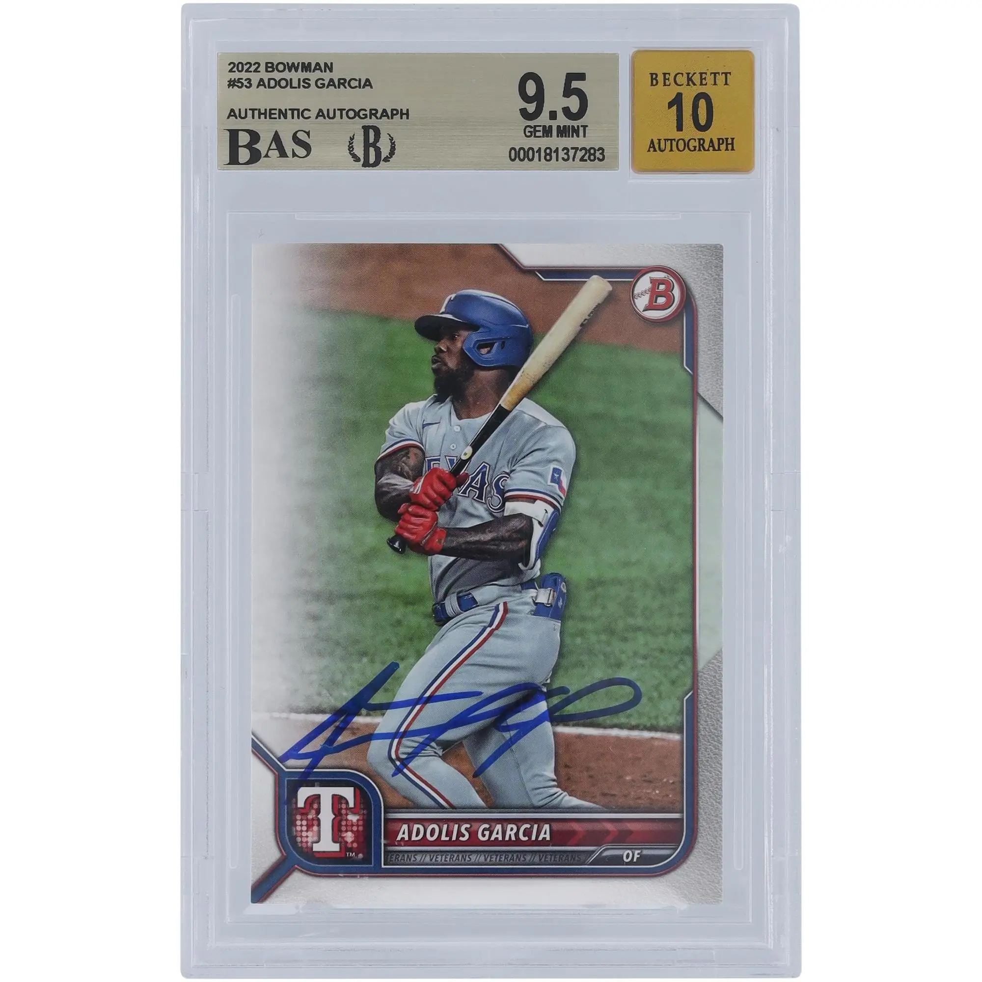 Adolis Garcia Texas Rangers Autographed 2022 Bowman #53 Beckett Fanatics Witnessed Authenticated 9.5/10 Card - Fanatics Authentic Certified