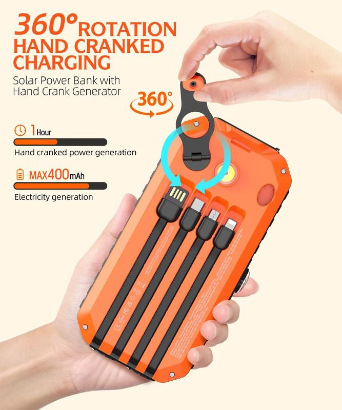 40000mAh Solar Power Bank with Hand Crank, Built-in 4 Wires, Compass & Level, PD20W Fast Charging, LED Flashlight - Portable Emergency Charger for Camping, Hiking, Travel & Outdoor Activities
