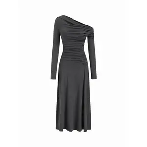 Cider Two-way Asymmetrical Neck Long Sleeve Ruched Maxi Dress