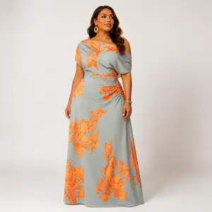 Plus Size Floral Maxi Dress for Women Off Shoulder High Waist A-Line Long Dress, Summer Vacation Beach Dress, Wedding Guest Party Dress, Elegant Curvy Fit Boho Tropical Resort Wear Fitted