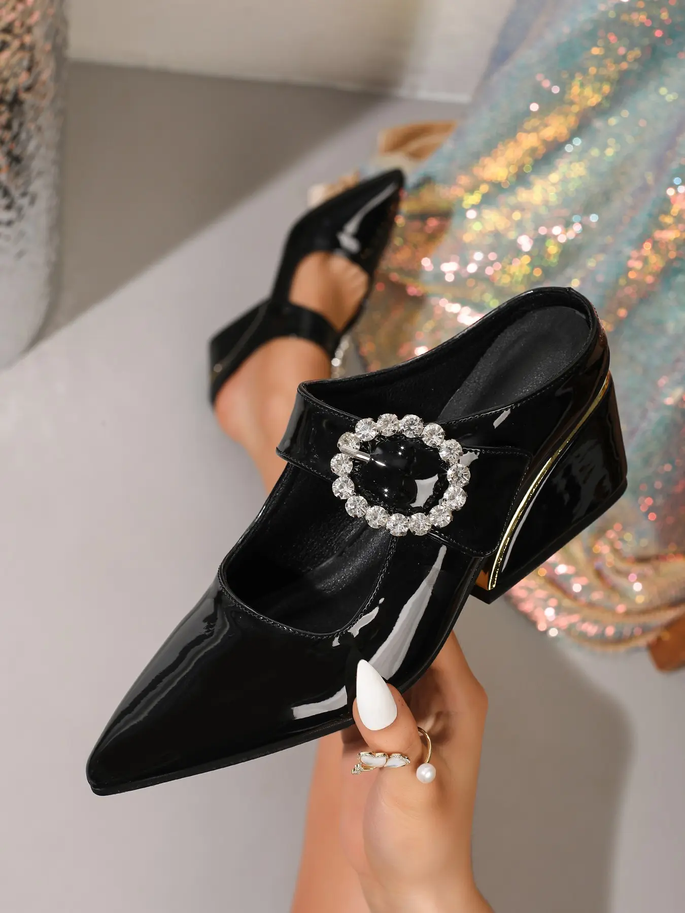 Women's High Heel Sandals, Embellished Platform Sandals, Pointed Toe Rhinestone Decor, Elegant Flatform Shoes, Spring & Fall, Comfortable and Versatile, Office Lady Pick, Dressy Sandals, Footwear